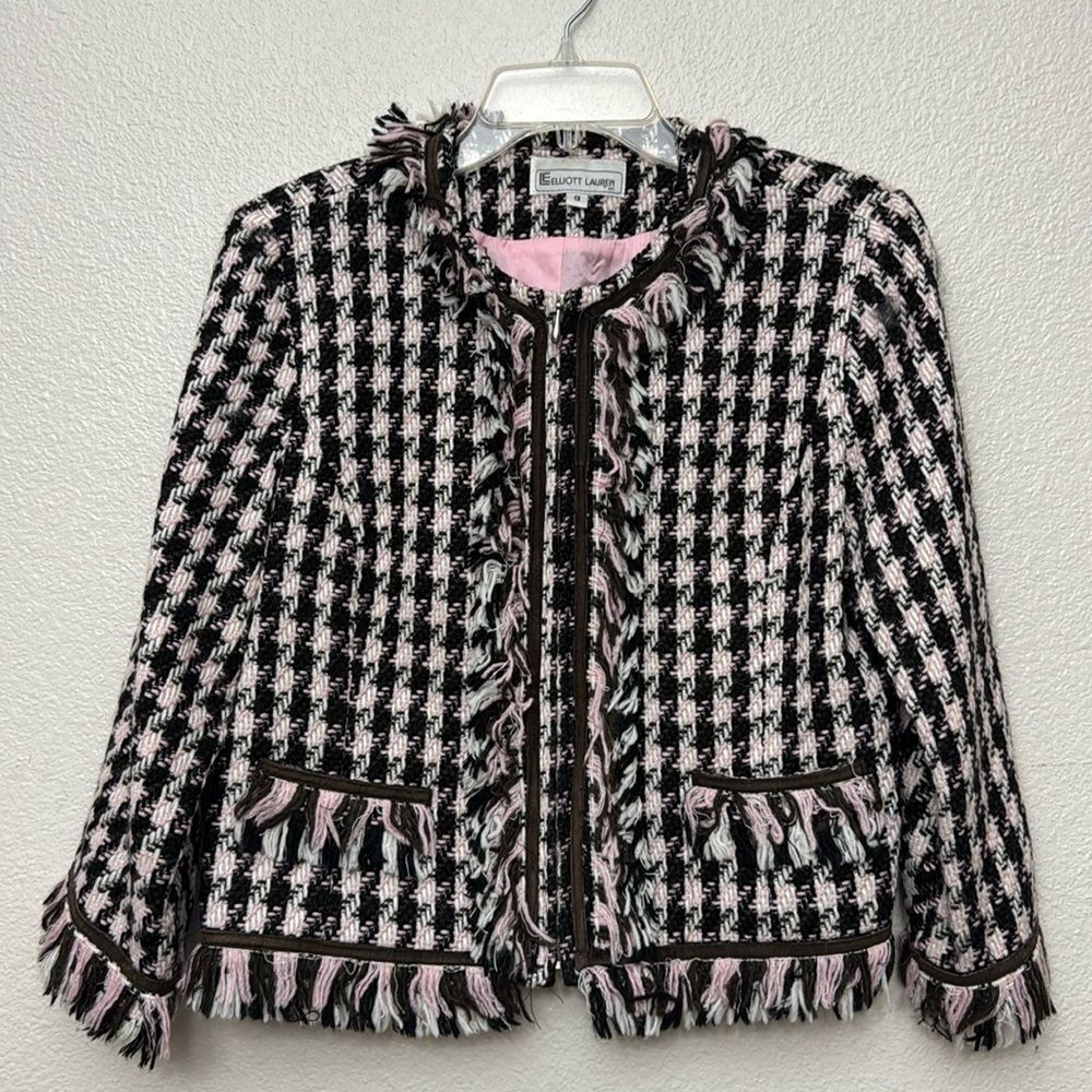 Elliott Lauren Black, White & Pink Tweed Fringe Jacket